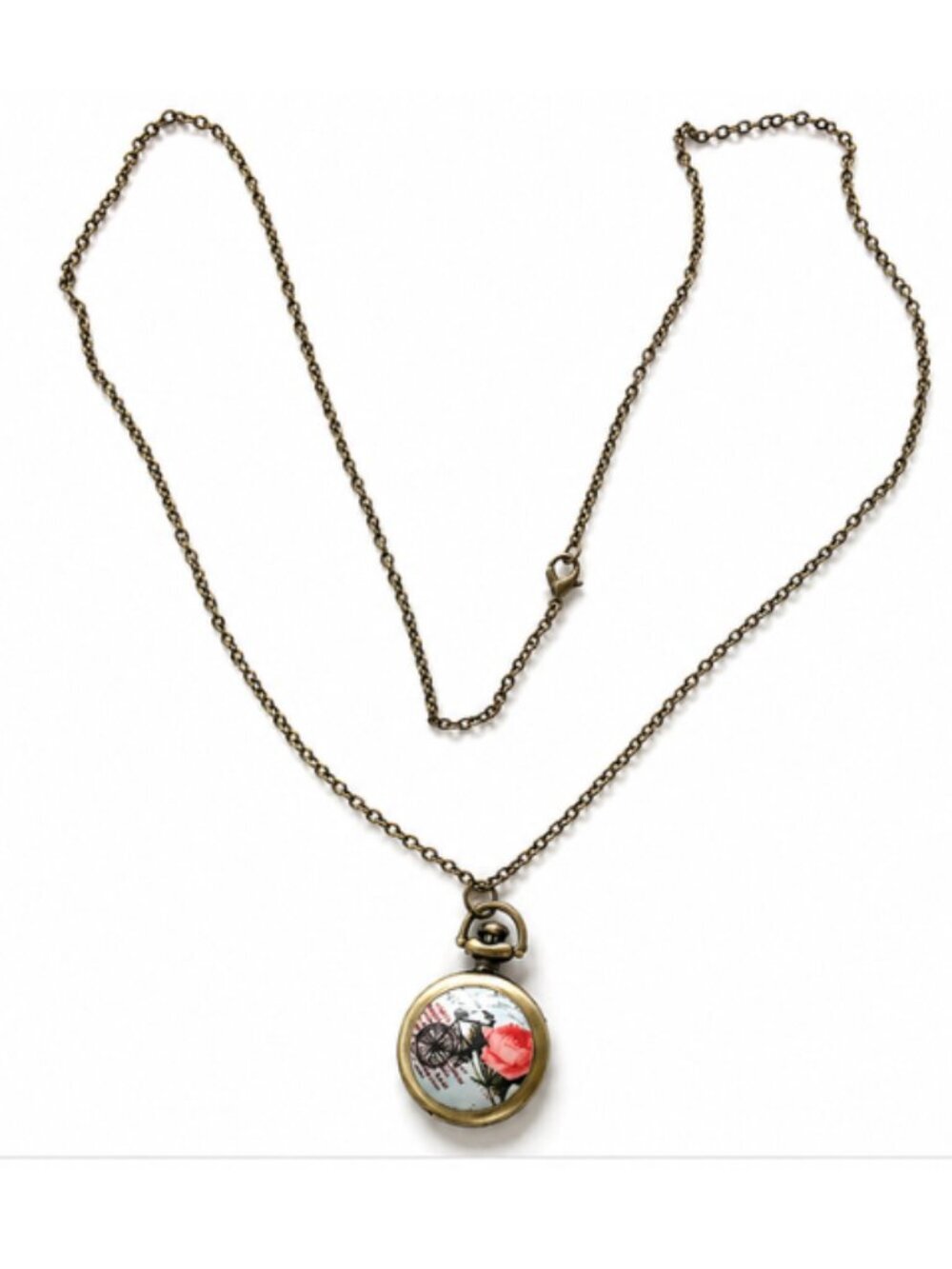 Vintage Style Locket Necklace with Watch Clock  Floral Bicycle Design Pendant